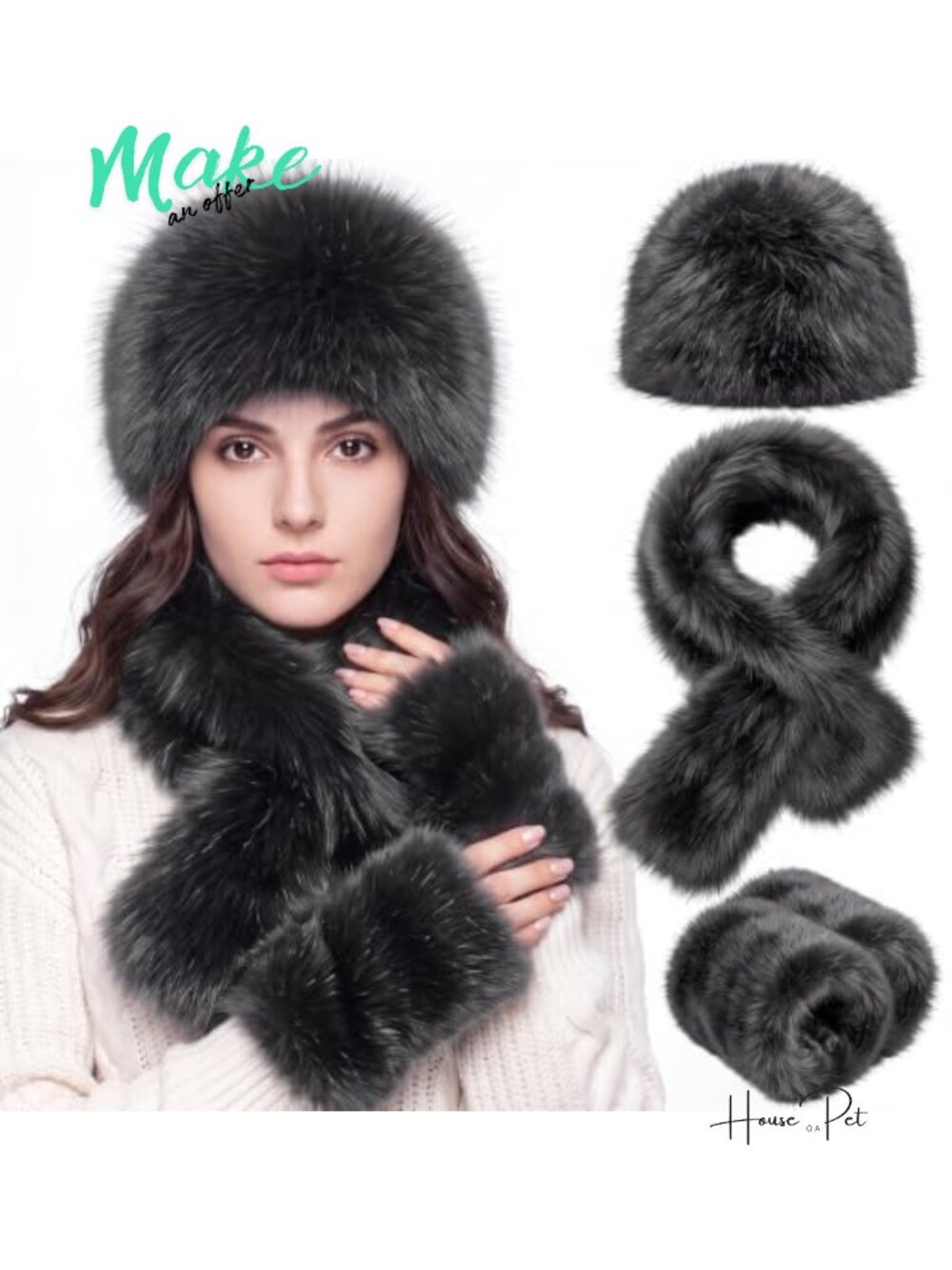 Faux Fox Fur 3-Piece Winter Hat Scarf Gloves Set Women Warm Accessories